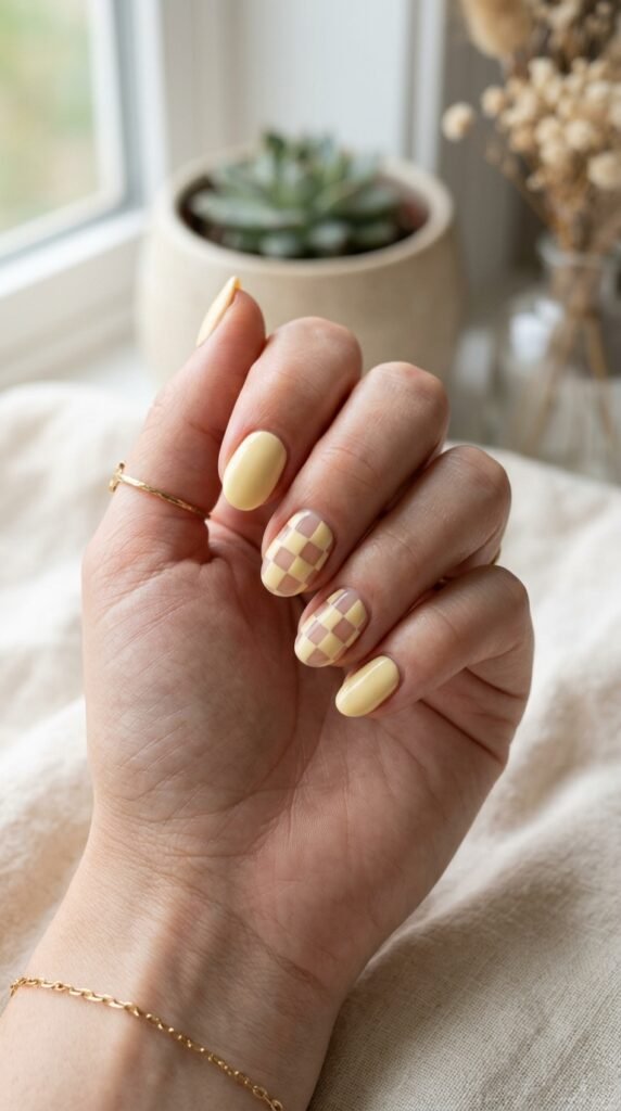 Butter Yellow Checkerboard Nails