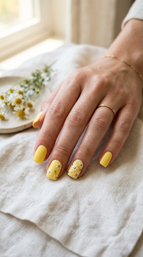 Butter Yellow Daisy Accent Nails