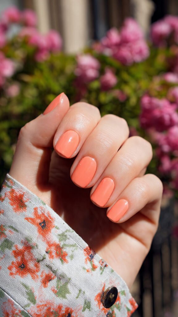 Glossy-Coral-or-Peach-Nails.
