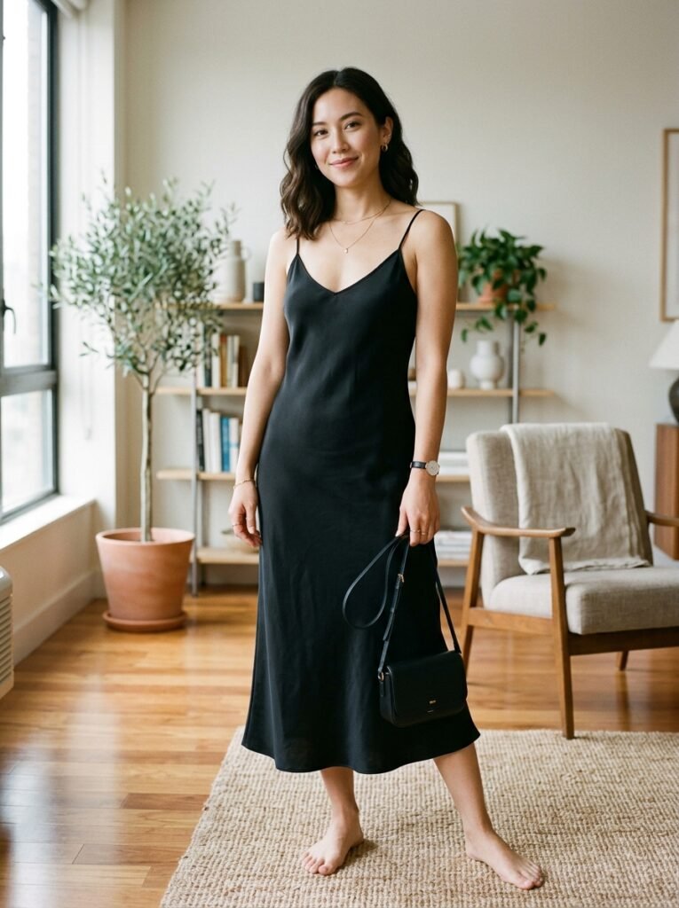 Black Slip Dress with Minimal Accessories
