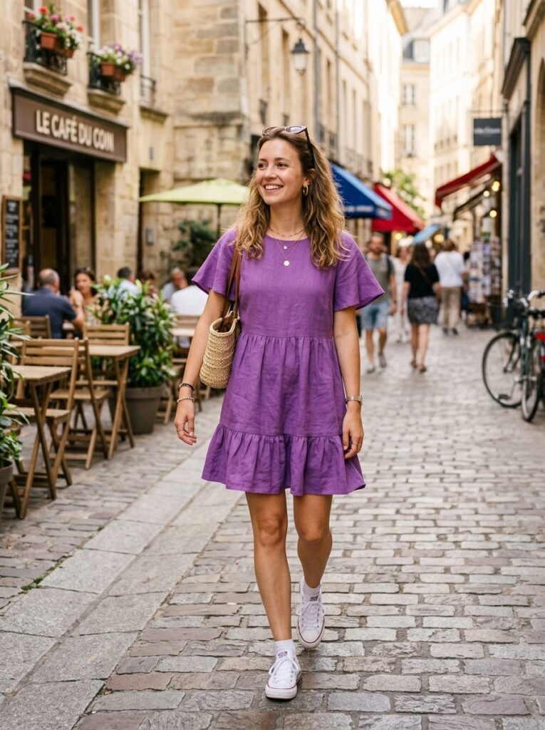 Casual Purple Mini Dress with Sneakers