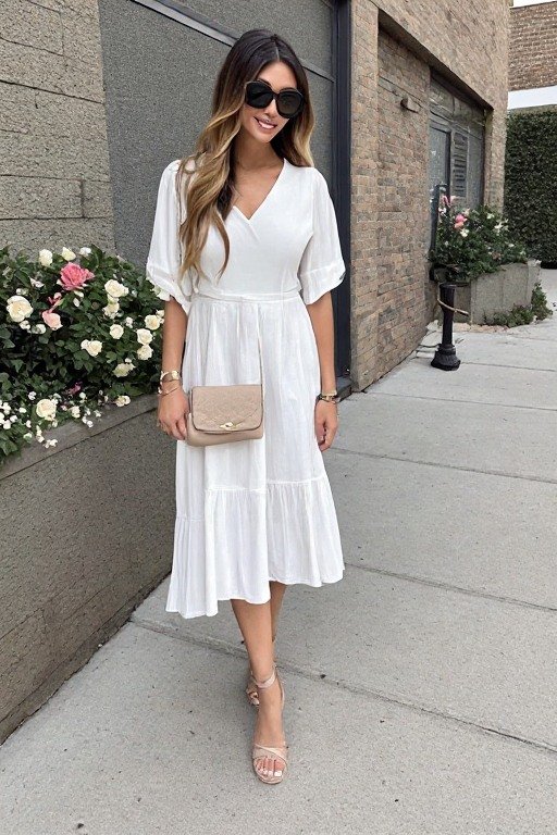 Chic White Midi Dress + Nude Heels Outfit
