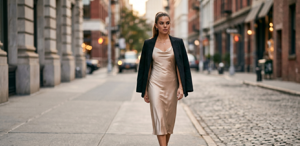 Classic Champagne Slip Dress Minimal Gold Jewelry
