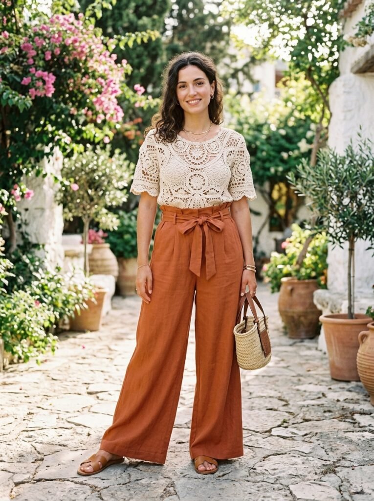 Crochet Top with Wide-Leg Pants
