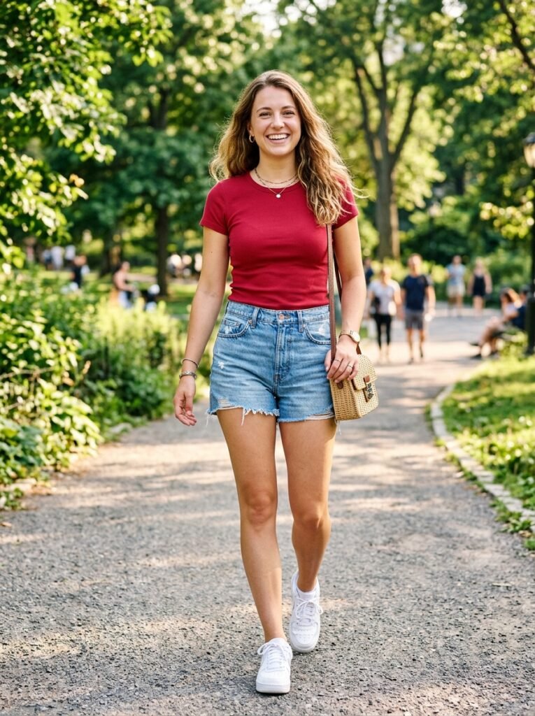 Denim Shorts with a Cherry Red Top