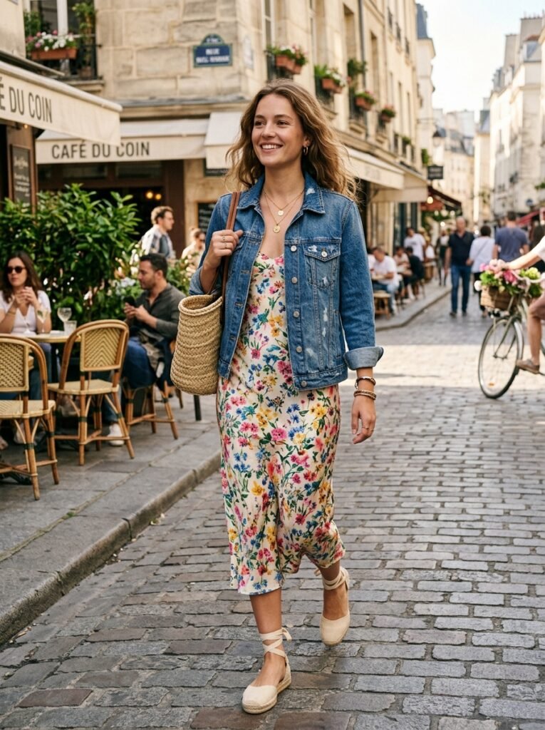 Floral Slip Dress with Denim Jacket