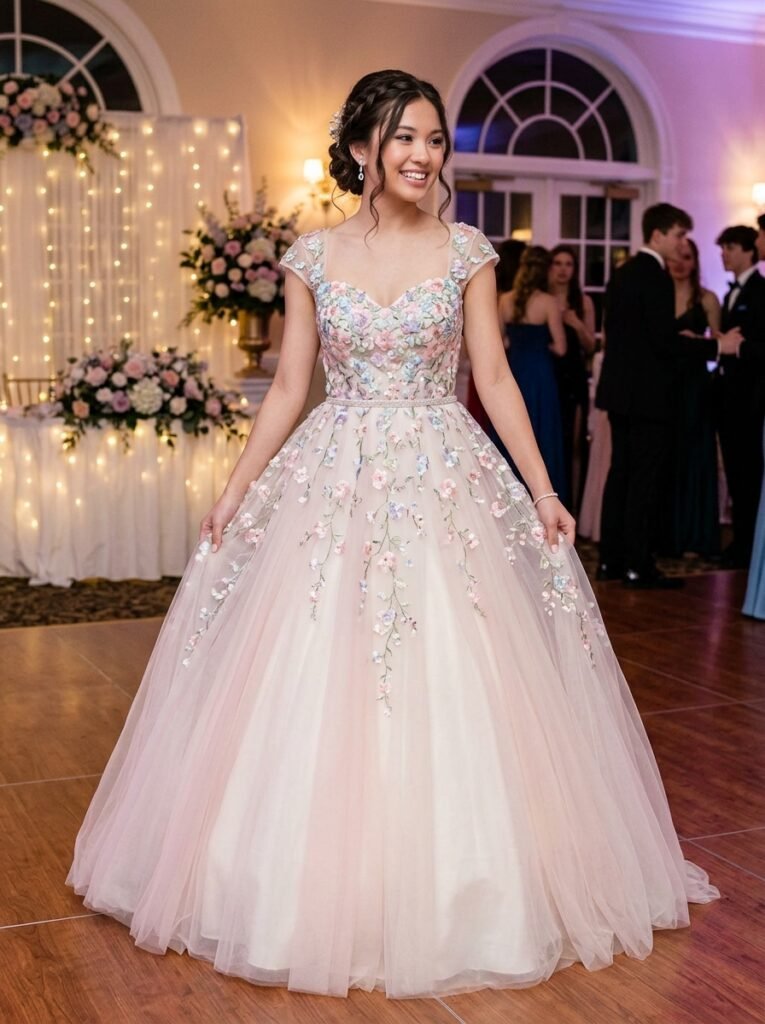 Floral Tulle Princess Prom Dress