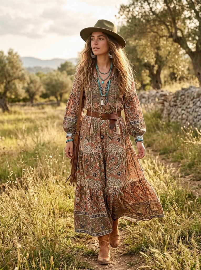 Flowy Maxi Dress with Boho Accessories