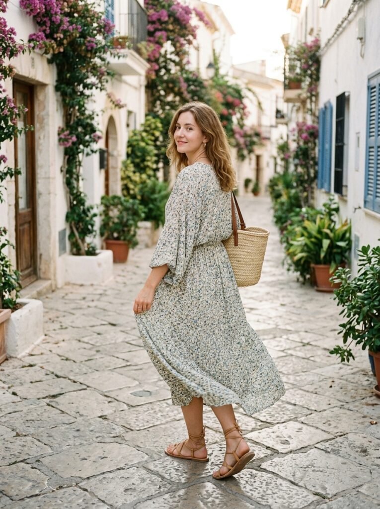 Flowy Midi Dress with Sandals