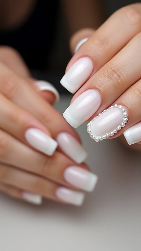 French Tips with Pearl Borders Nail Art