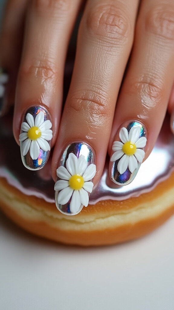 Glazed Daisy Chrome Nail Art