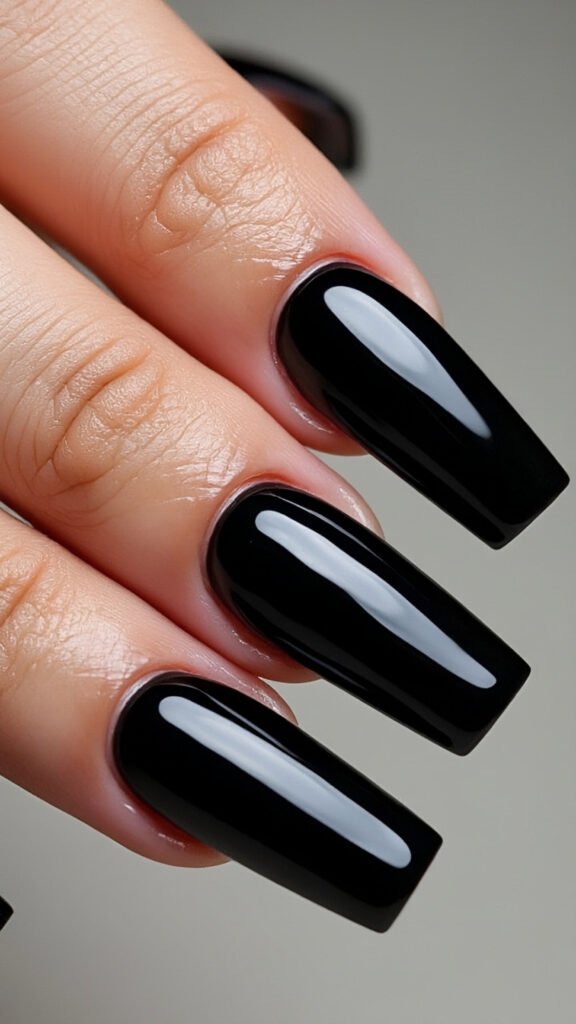 Glossy Black Coffin Nails Art