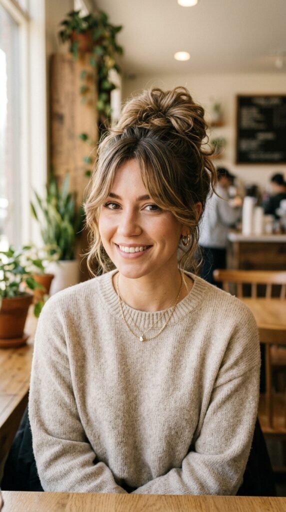 Messy Bun with Curtain Bangs Hairstyle