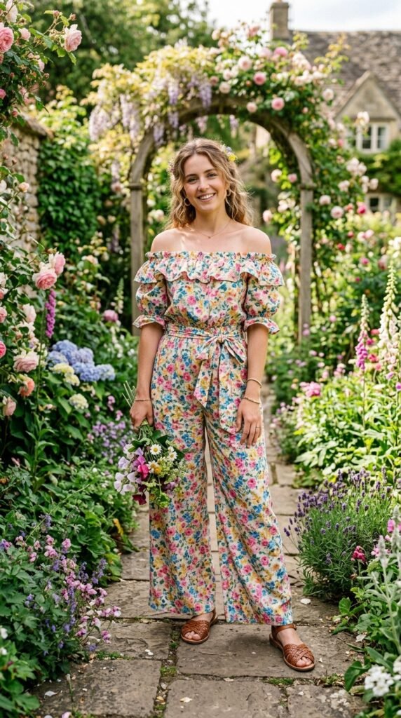 Off-Shoulder Pretty Garden Jumpsuit.

