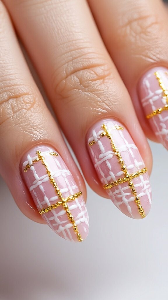 Pink Boucle Tweed Nails Art
