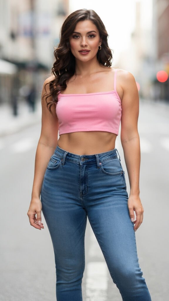 Pink-Crop-Top-with-High-Waist-Jeans.
