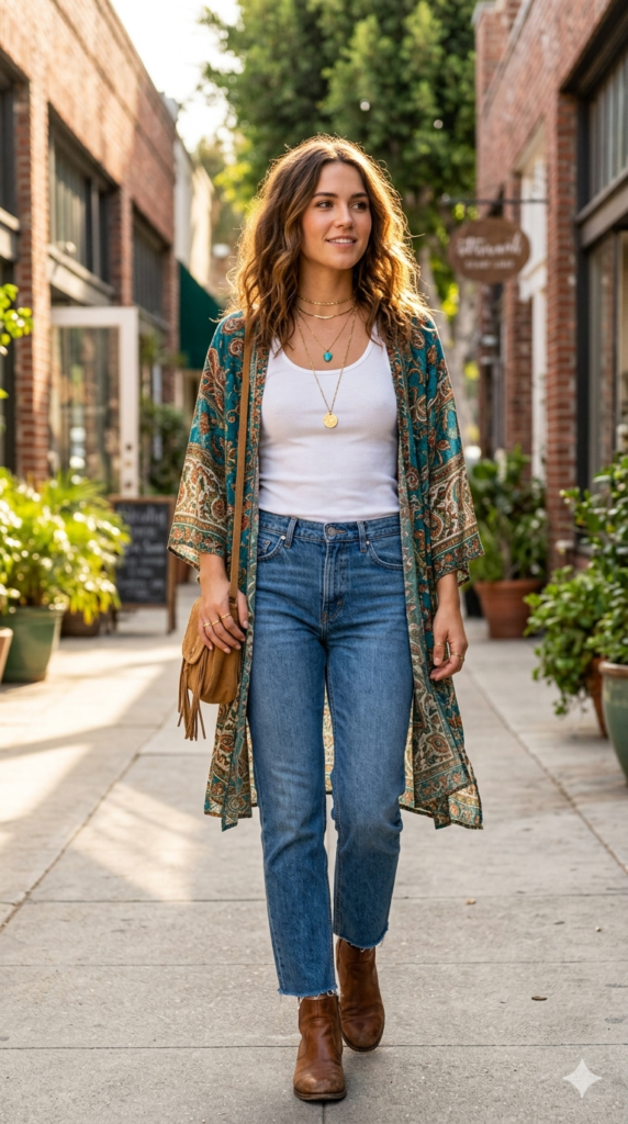 Printed-Kimono-Basic-Tank-Jeans.
