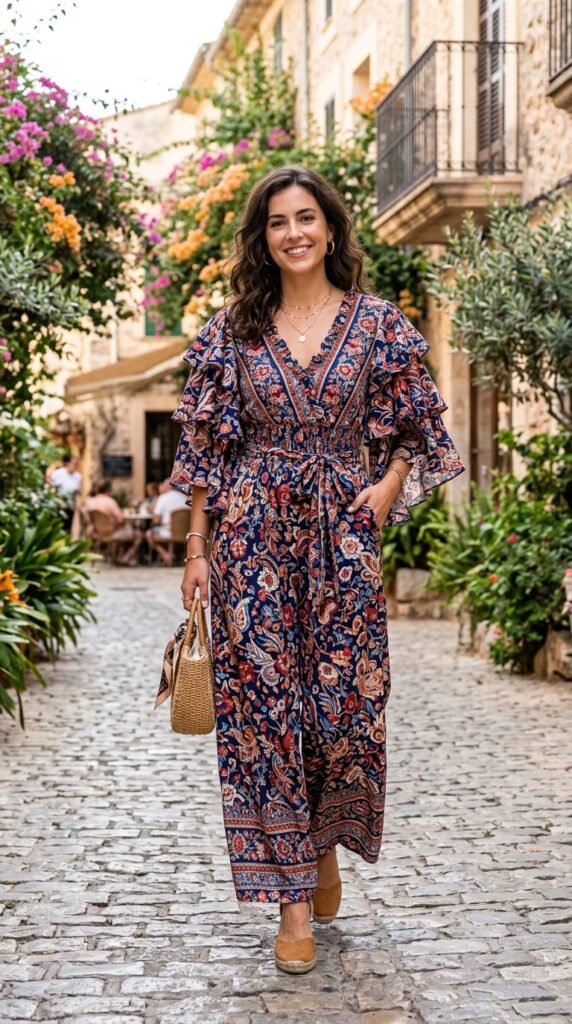 Ruffle Sleeve Printed Jumpsuit.
