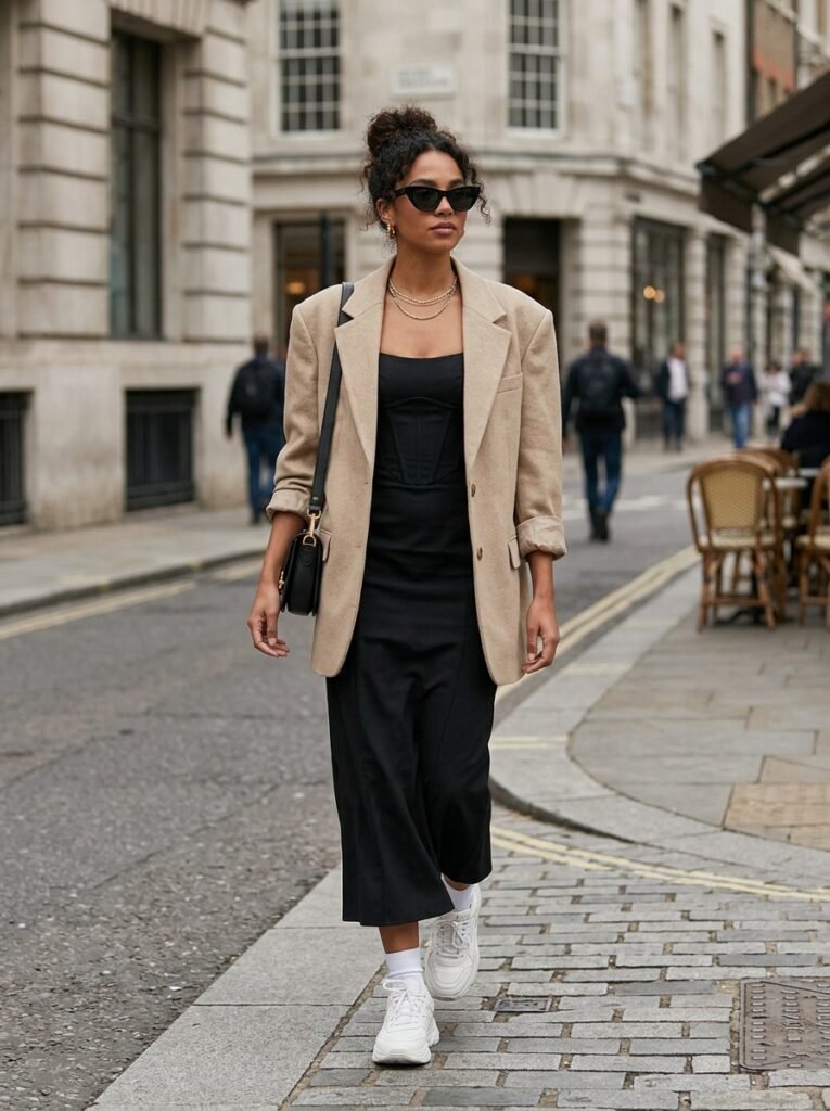 Corset Midi Dress with Oversized Blazer