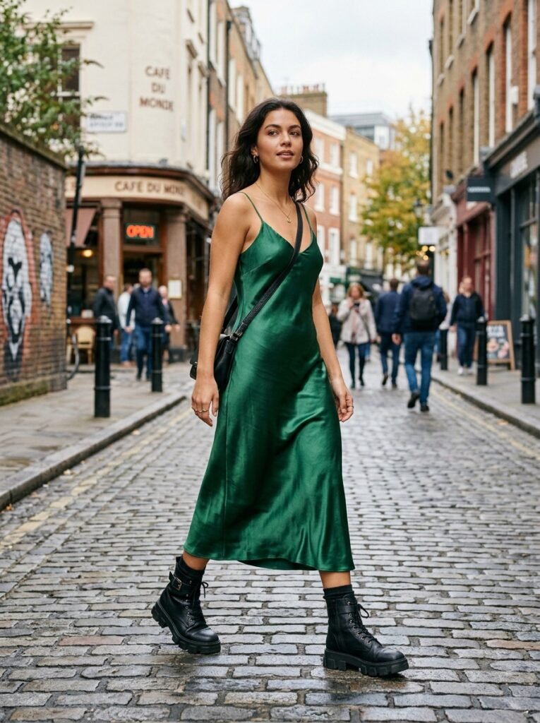 Satin Slip Dress with Chunky Boots
