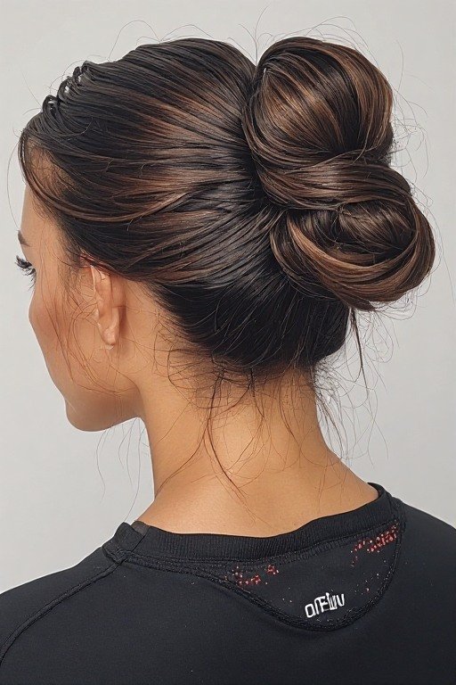 Slicked-Back Wet Look Bun Sporty Hairstyle