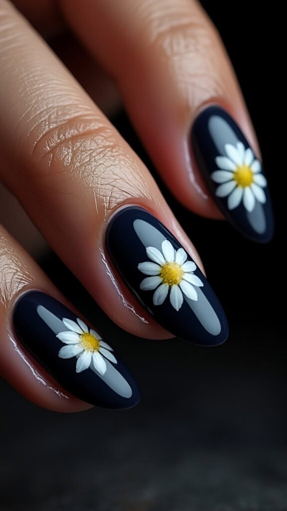 
The Moody Midnight Daisy Nail Art