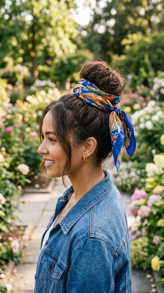 The Scarf-Adorned Top Knot Hairstyle