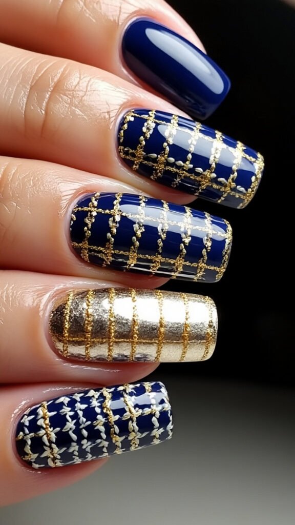 Tweed Nails Art with Gold Thread Accents