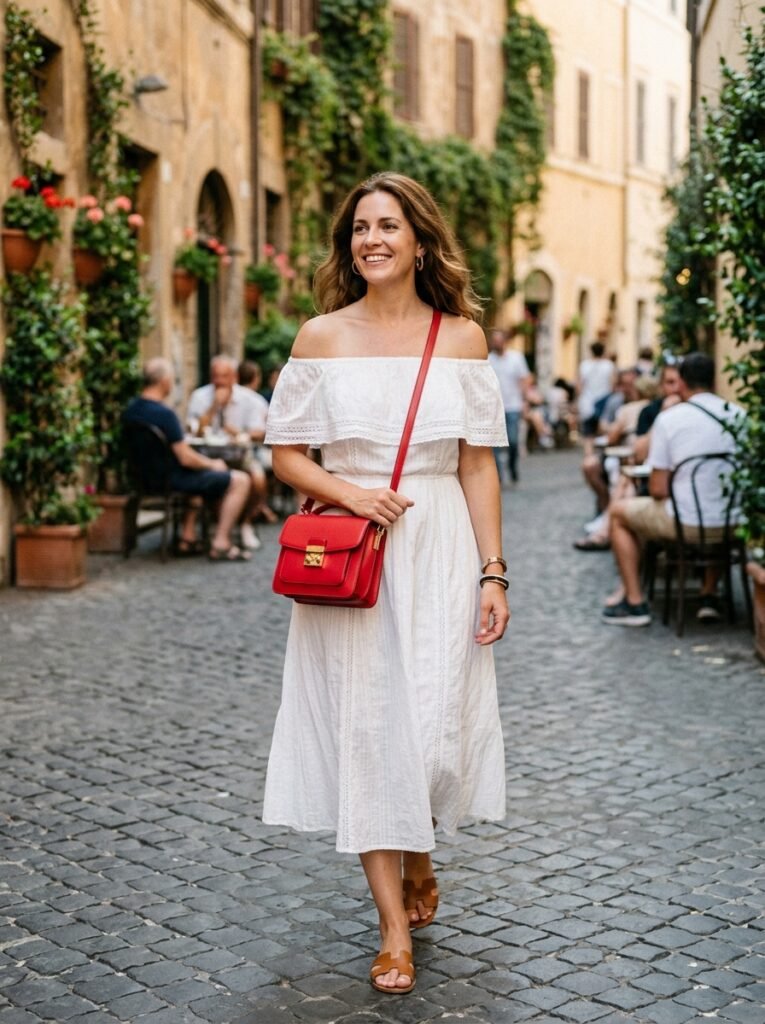 White Dress with Cherry Red Bag