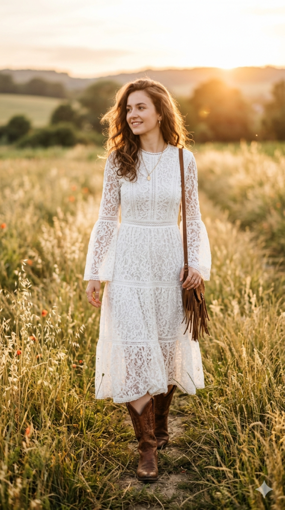 White-Lace-Dress-Cowboy-Boots.
