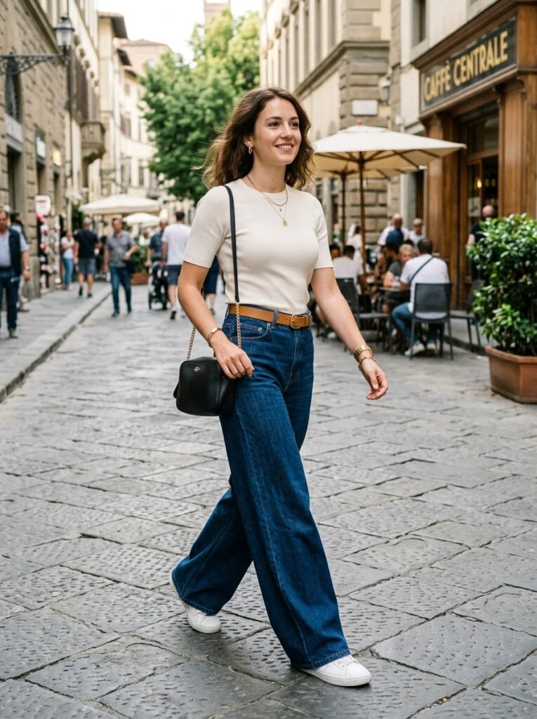 Wide-Leg Denim Jeans with a Fitted Top
