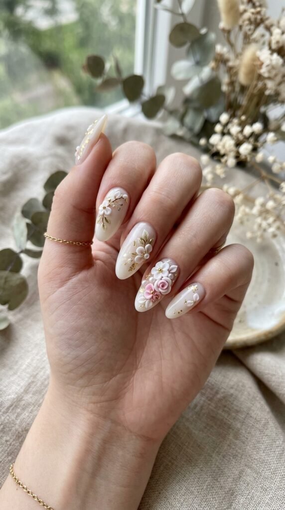 3D Flower Milky Nails Art