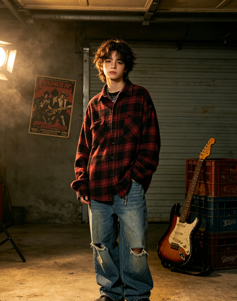  90s Grunge with a Relaxed Flannel and Baggy Jeans
