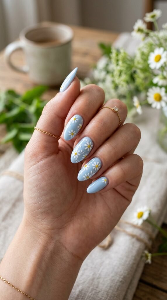 Baby Blue Daisy Nails Art