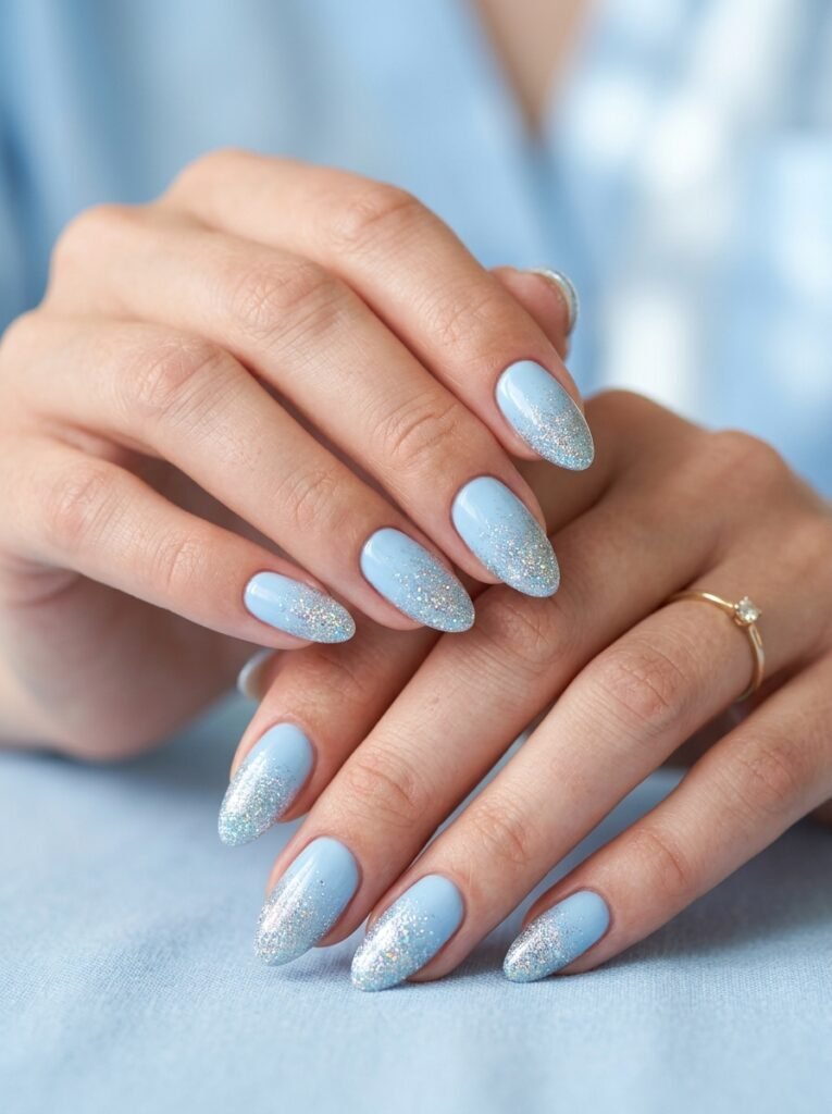Baby Blue Glitter Fade Nails