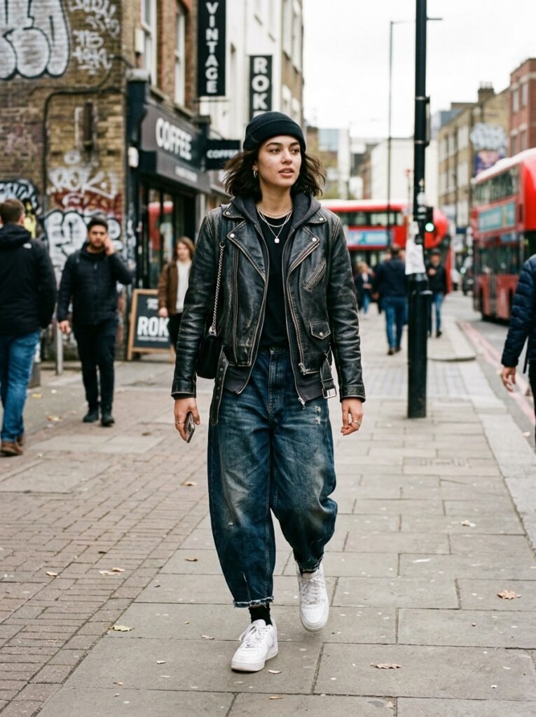 Baggy Denim with a Leather Jacket