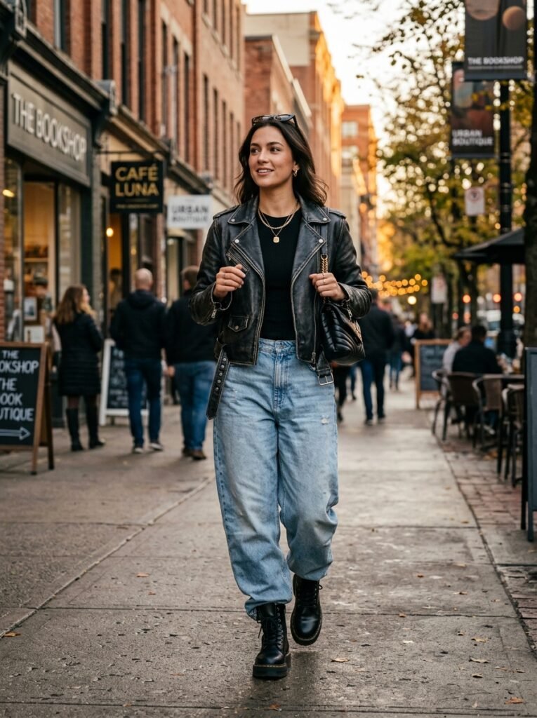 Baggy Denim with a Leather Jacket