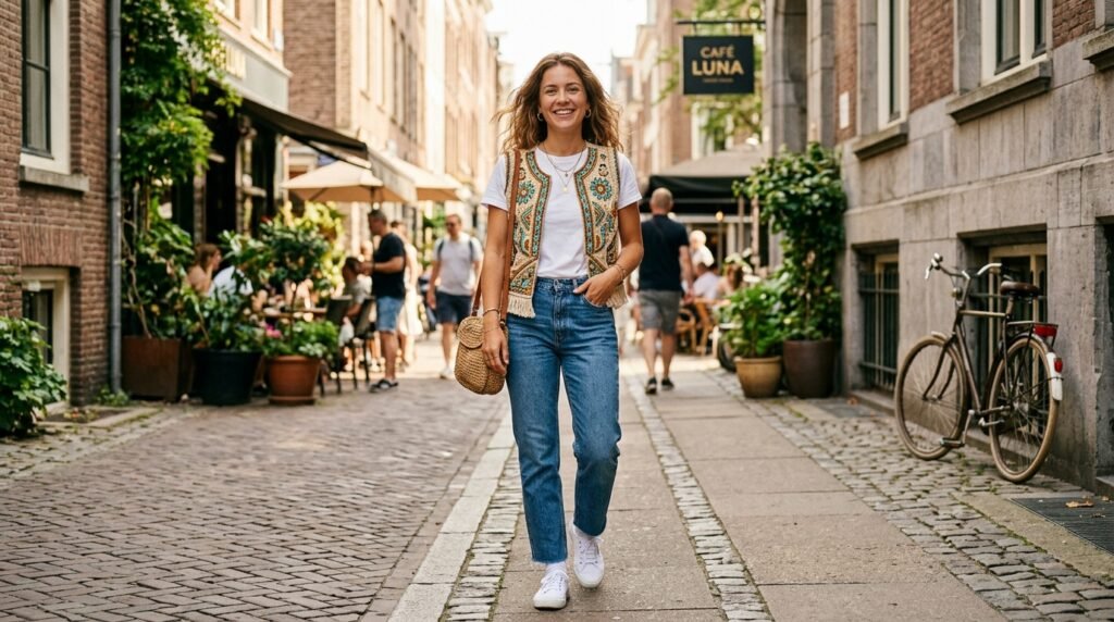 Beaded Vest with Blue Jeans and a White Tee