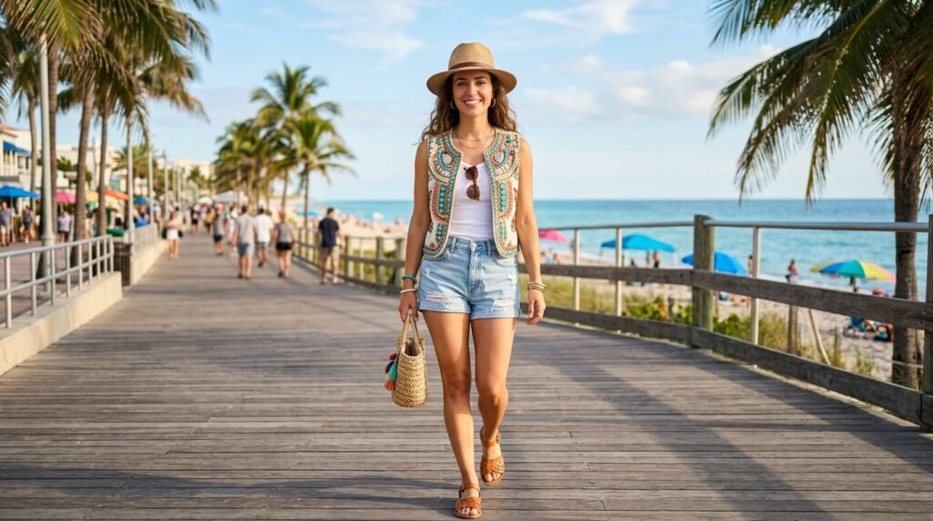 Beaded Vest with Denim Shorts