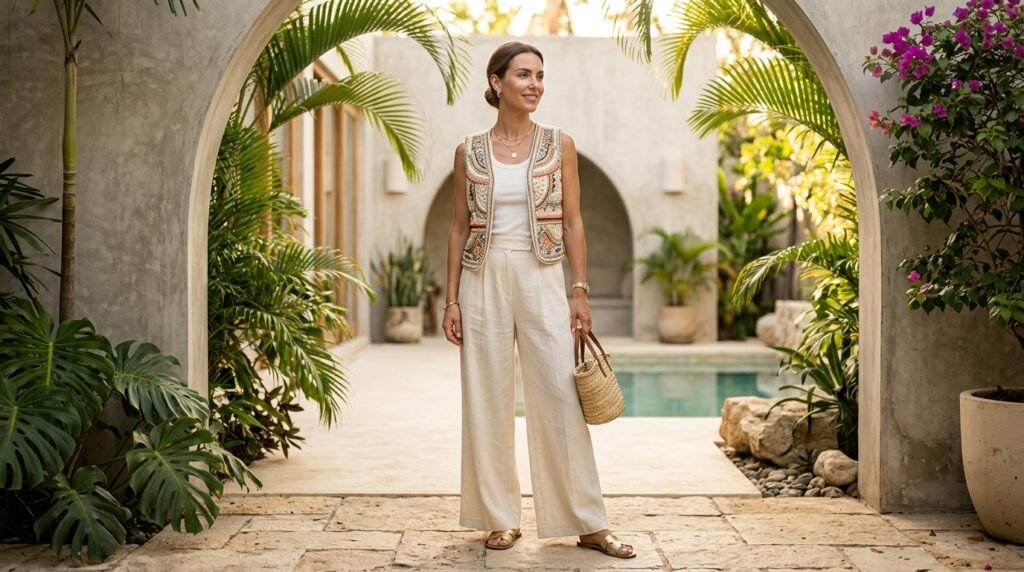 Beaded Vest with Wide-Leg Pants