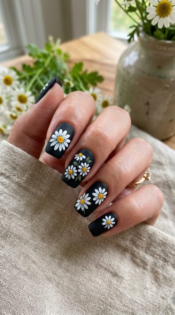 Black Daisy Chrome Nails Art
