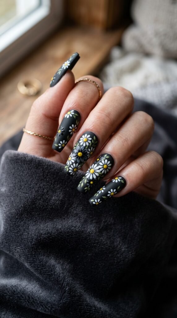 Black Daisy Coffin Nails Art