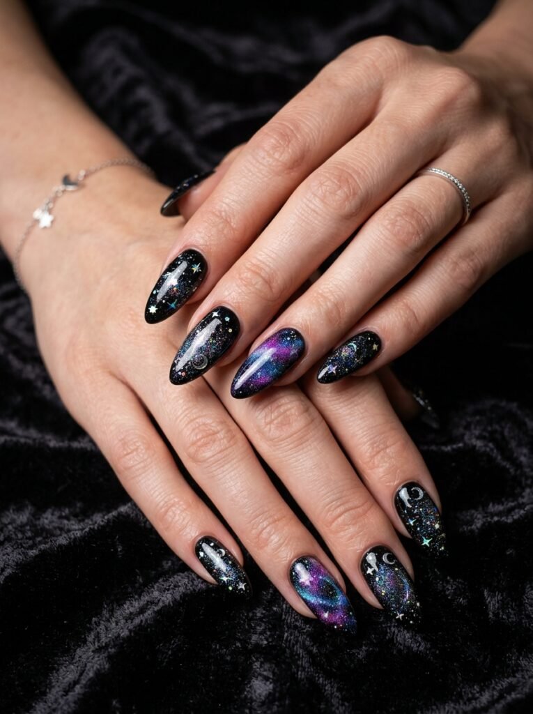 Black Galaxy Glitter Nails