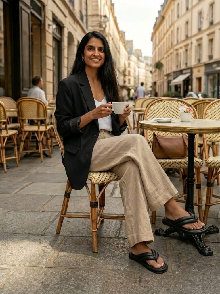 Black Puffy Flip Flops With an Oversized Blazer