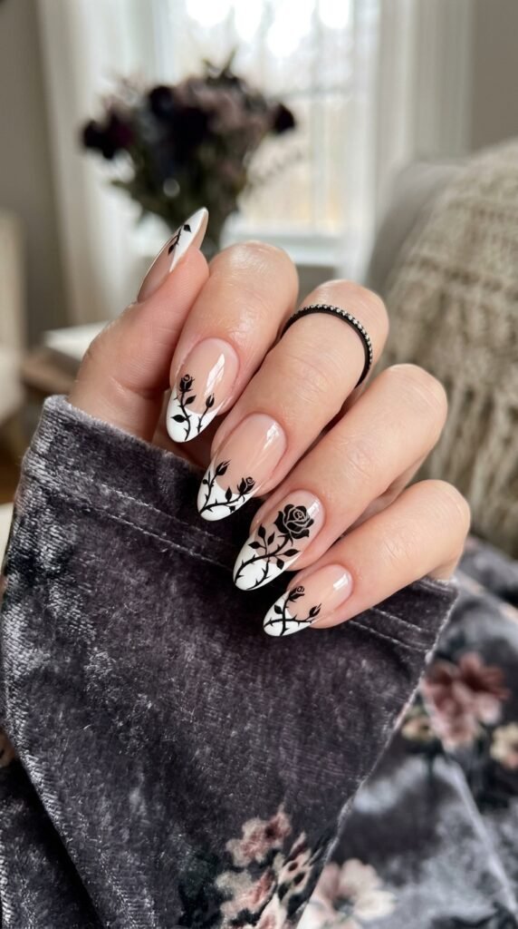 Black Thorny Rose French Tips Nail Art