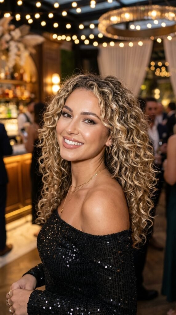 Blonde Highlight Curly Glam Look Hairstyle