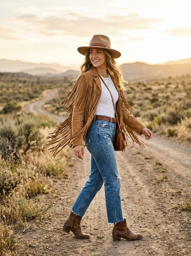 Boho Fringe Jacket and Denim Jeans Outfit 2026