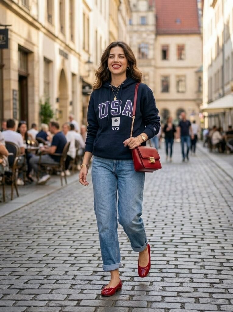 2. Cherry Red Ballet Flats With Relaxed Denim