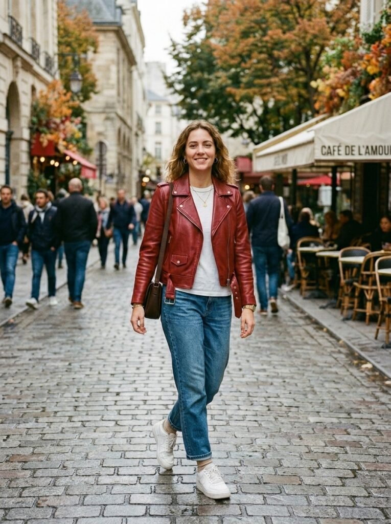 Cherry Red Leather Jacket Moment