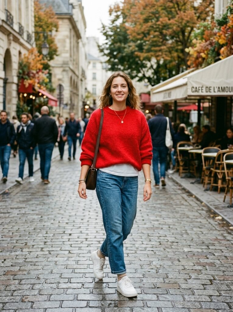 Cherry Red Sweater Over Neutral Basics